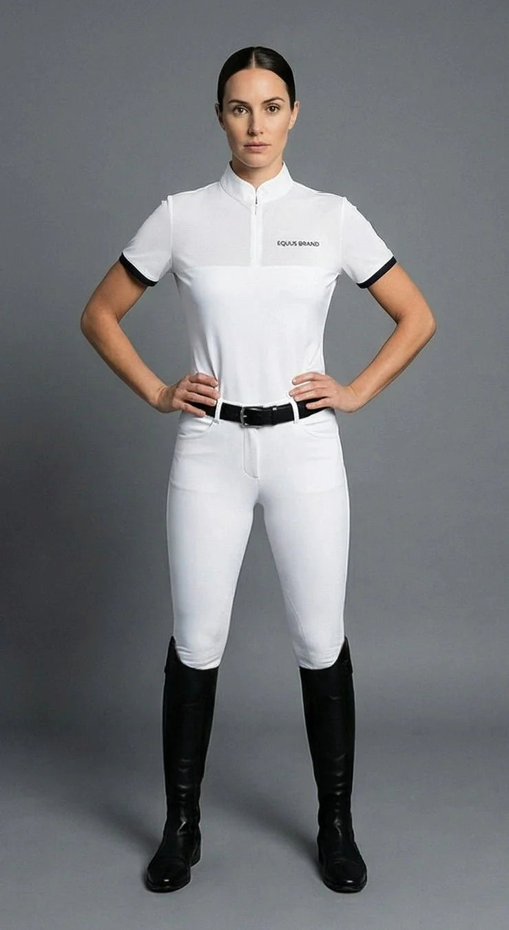 Polo da concorso equitazione donna bianca con bordo nero elegante e traspirante